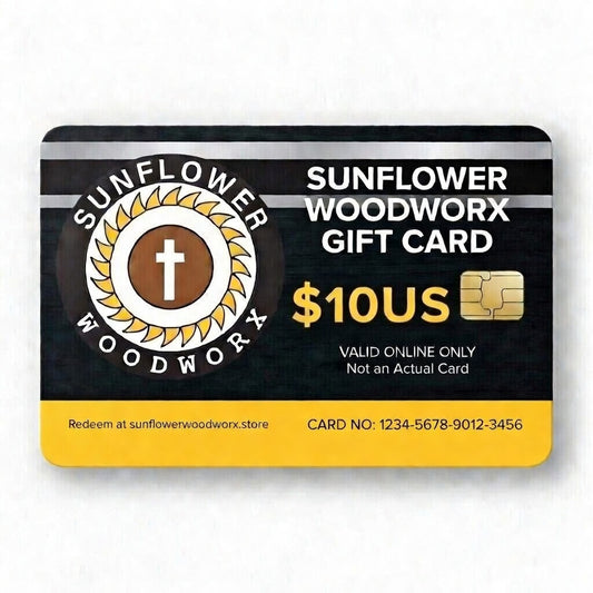 Sunflower Woodworx gift card with a black and yellow design on a white background