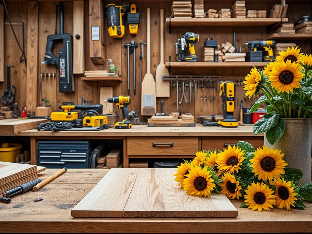 A workshop with sunflowers in the foreground