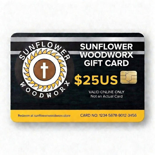 Sunflower Woodworx gift card with a black and yellow design on a white background