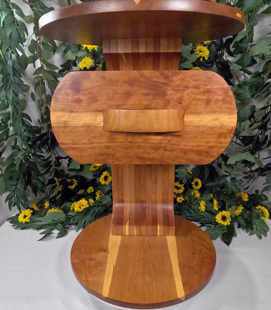 Wooden podium table with a floral background